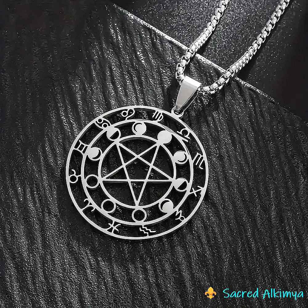 Loja Ser Alkimya * Pendente Aço Inoxidável - Pentagrama, Fases da Lua e Signos do Zodíaco