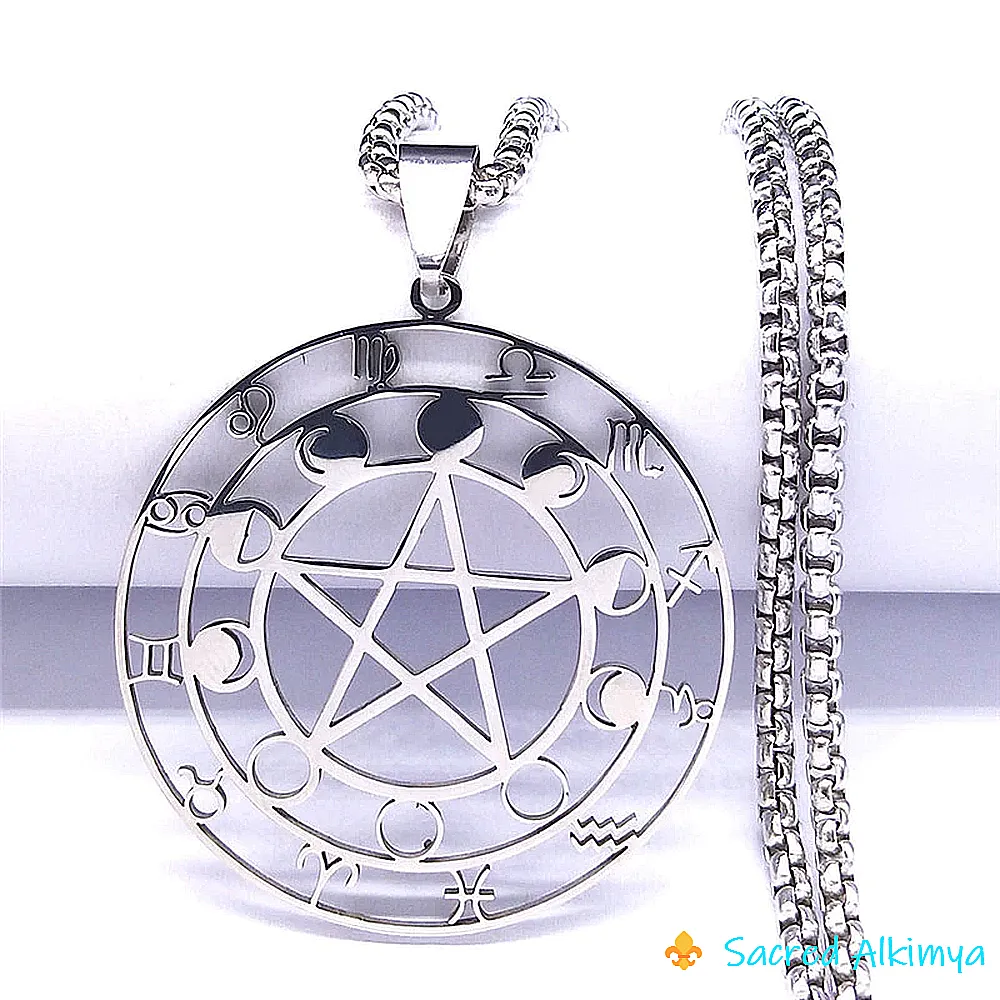 Loja Ser Alkimya * Pendente Aço Inoxidável - Pentagrama, Fases da Lua e Signos do Zodíaco