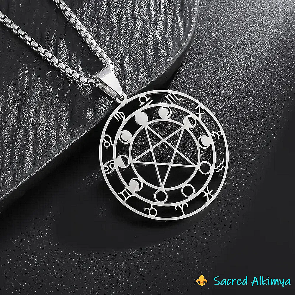 Loja Ser Alkimya * Pendente Aço Inoxidável - Pentagrama, Fases da Lua e Signos do Zodíaco