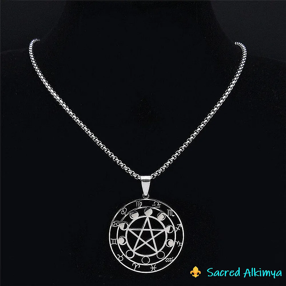 Loja Ser Alkimya * Pendente Aço Inoxidável - Pentagrama, Fases da Lua e Signos do Zodíaco
